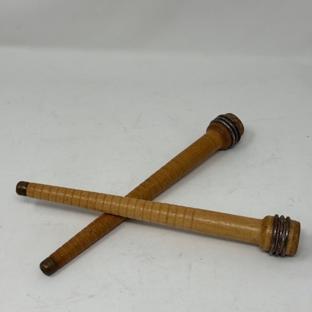 Vintage Wooden Quill Bobbin Industrial Spools Metal Rings Set of 2 Farmhouse
